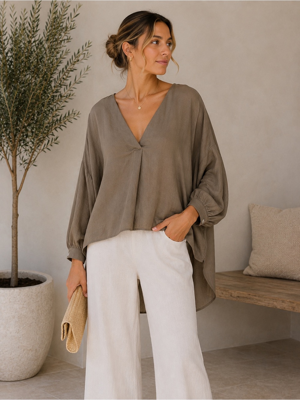 glam Olive V-Neck Relaxed Tunic Top